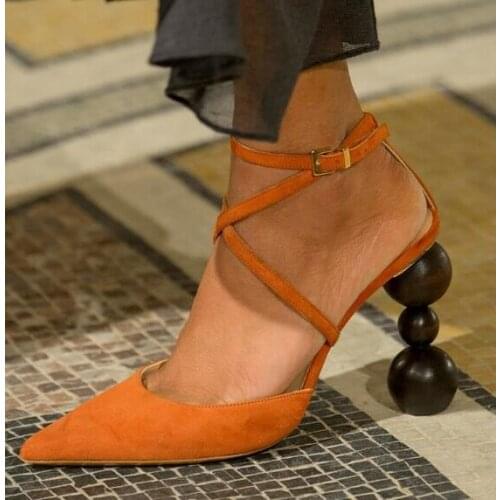 Drop Shipping Brand Woman Solid Brown/Black/Orange Cross Buckle Strap Strange Wood Blocks Heels Pointed Toe Sexy Party Pumps