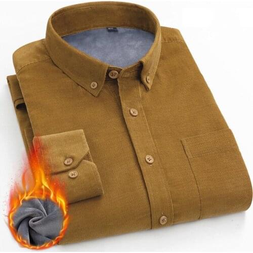 Men Winter Wear Corduroy Shirt Plus Size Velvet Thick Fluffy Casual Shirt Mens Cotton Warm Long Sleeve Brown Boys Social Shirt