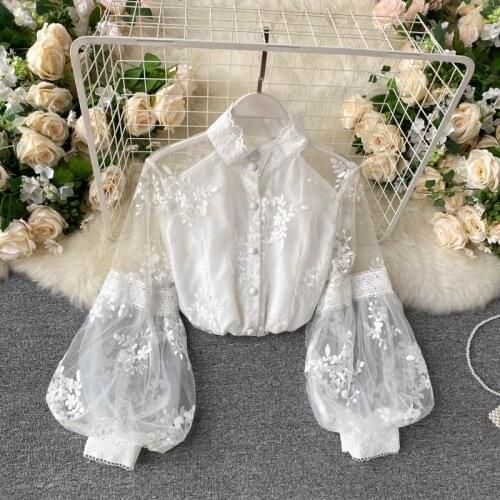 Mesh Lace Blouse Women New Fashion Stand Collar Three-Dimensional Embroidered Lantern Sleeve Slim Fit Ladys Blusas White Black