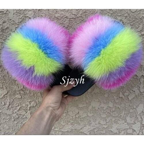 Womens Summer Fox Fur Slipper Childrens/Kids Rainbow Furry Slides Ladies Indoor Plush Sandals Female Luxury Fluffy Flip Flops