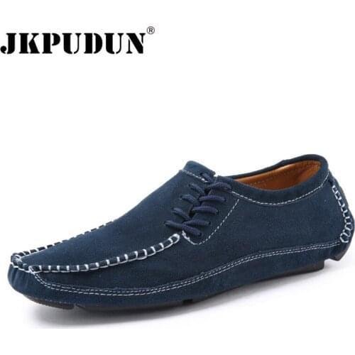 JKPUDUN Handmade Men Shoes Casual Luxury Brand Genuine Leather Italian Men Loafers Moccasins Slip on Mens Boat Shoes Plus Size