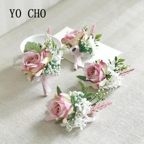 YO CHO Rose Wedding Flower DIY Bride Corsage Wrist Flower Groom Boutonniere Bridesmaid Bracelet Groomsman Prom Party Decoration