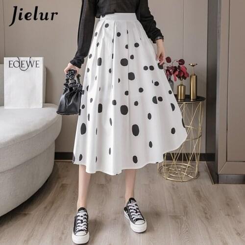 Jielur Autumn Skirts Womens New Dot A-line Summer Skirt Loose Slim Chic High Waist S-XL Femme Jupe Elastic Waist Skirts