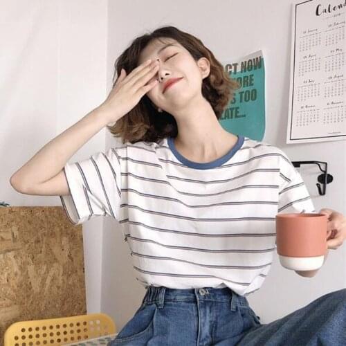 Spring Summer New Style Women Tshirt Fashion Striped Color Short Sleeve O Neck Women Tops Casual Slim T-shirts Woman