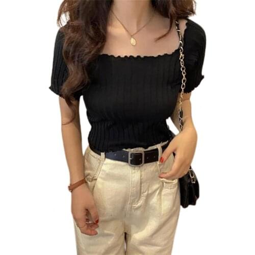 2021 Summer Women T-Shirts Short Sleeves Solid Color Off Shoulder Knitted Tee Shirt Trim Vest Crop Top Streetwear Corset Top