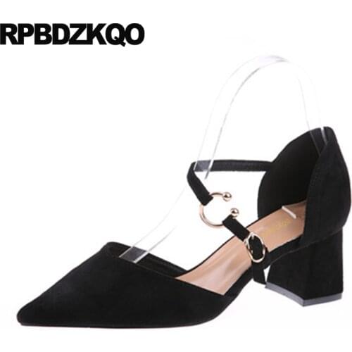 Metal Mary Jane Italian Strap Block Sandals High Quality Designer Shoes Women Pumps Medium Heels Suede Size 4 34 Pointed Toe New