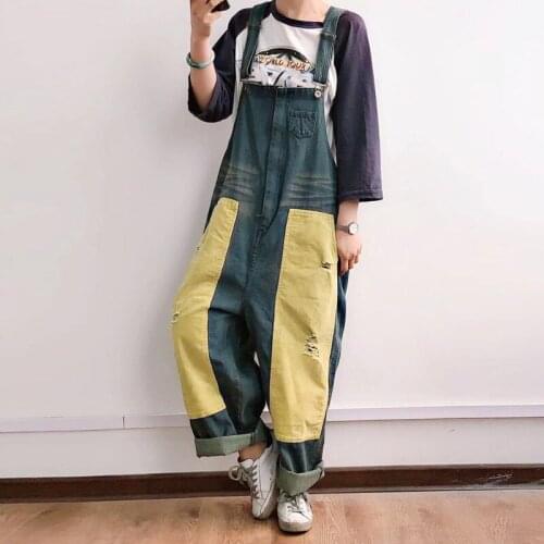 Johnature Women Vintage Patchwork Corduroy Jumpsuits Denim Cotton 2021 Spring New Loose Original Female Casual Jumpsuits