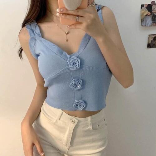 Camisole Womens Wear Summer Outer Wear Bottoming Knitted Top French Chic Three-dimensional Floral Ornaments Women Short Sleeves