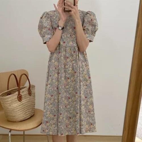 2021 Summer Vintage Beige Long Floral Pleat Dress Women Round Collar Loose High Waistline Midi Sundress Vestidos 14539