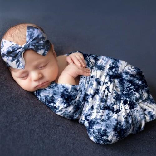 2 Pcs Baby Gradient Printed Receiving Blanket Headband Set Swaddle Wrap Hair Band Headwrap Newborn Infants Photography Props Sho