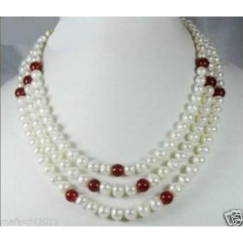 3 Row 7-8mm White Freshwater Pearl & Red Jades Necklace