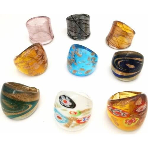 9PCS Wholesale Randomly Mix Color Lampwork Glass Murano Hot Gold Foil Color Rings 17-19mm Band Ring Random Mixed Model