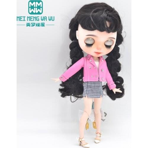 Fits 28-30cm blyth Azone 1/6 doll clothes accessories Fashion plaid skirt, leather jacket Girls gift