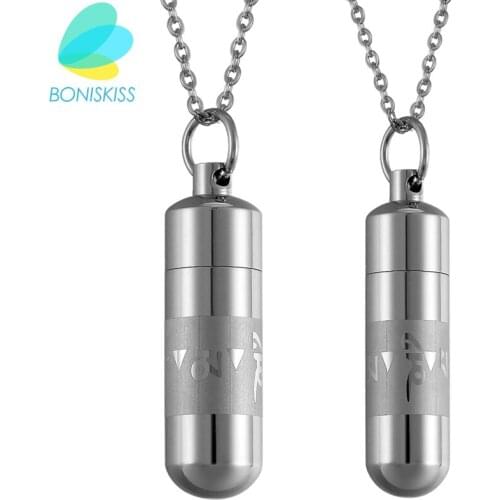 Boniskiss Mens Open Capsule Necklace Perfume Bottle Om Mani Padme Hum Buddhism Stainless Steel Bullet Pendants For Lover Gift