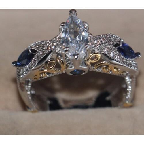 Two-tone Blue Color Separation Zircon Ring Crown Shape Geometric Square Jewelry Engagement Wedding Rings for Women