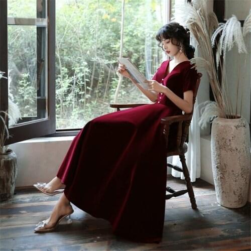 Elegant V-Neck Short Sleeve Dress Robe Burgundy Velour Long A-Line Evening Party Dress Gown вечернее платье
