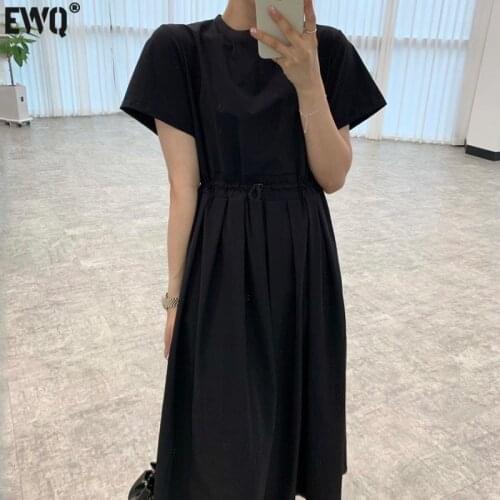 [EWQ] Women Black Minimalist Niche O-neck Solid Color Drawstring Waist Pleated Design Short-sleeved Dress Loose Fashion 16F0862