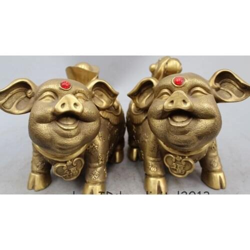 Chinese Brass FengShui Animal YuanBao RuYi Coin Happy Fu Pig Statue Pair