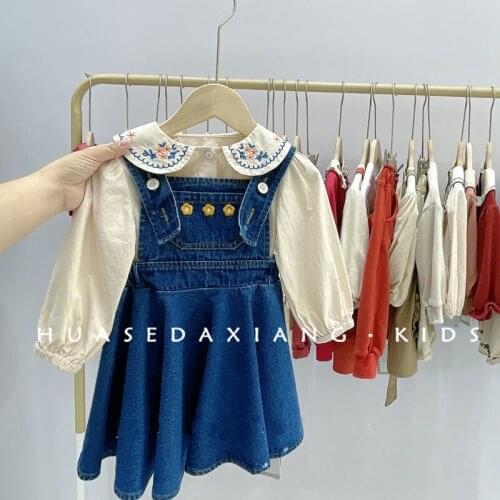 Spring Ruffles Lace Romper for Girl Casual Denim Toddler Girls Clothing Blouse+Jean Dress 2Pcs Children Overalls Jeans Outfits