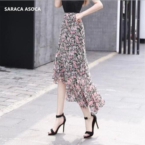 Summer Bohemian Pink Floral Ankle-Length Print Chiffon Skirt Women High Waist Irregular Slim Hip Tuxedo Bust skirt For Girls