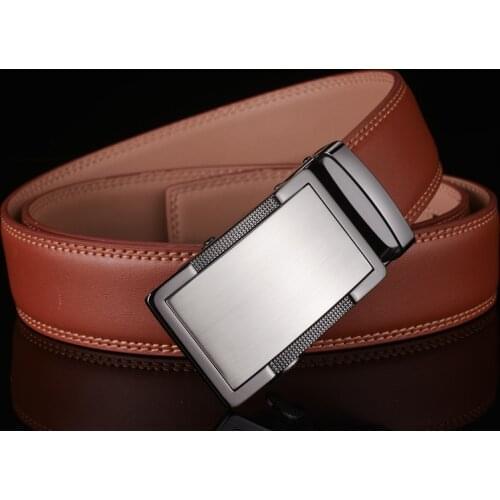 Plyesxale Mens Belt Luxury Brand Genuine Leather Ratchet Belts For Men Automatic Buckle Brown Cowhide Strap Formal Cinto G24