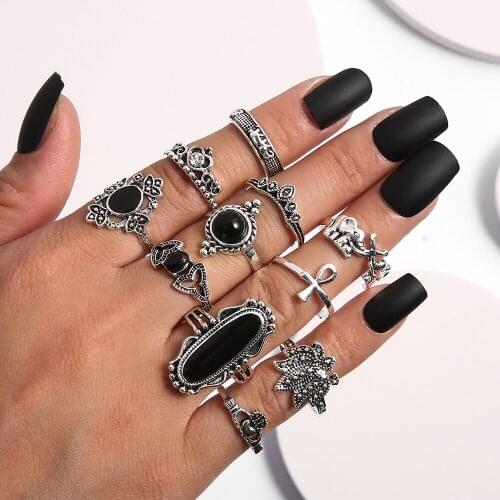 Bohemian Women Rings Elephant Flowers Crown Geometry Crystal Joint Ring Set Beach wind Personality Lady Wedding Jewelry