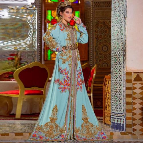 Sky Blue Moroccan Caftan Evening Dress Elegant Long Sleeves Dubai Evening Pageant Gown Summer Dress Special Occasion Gown