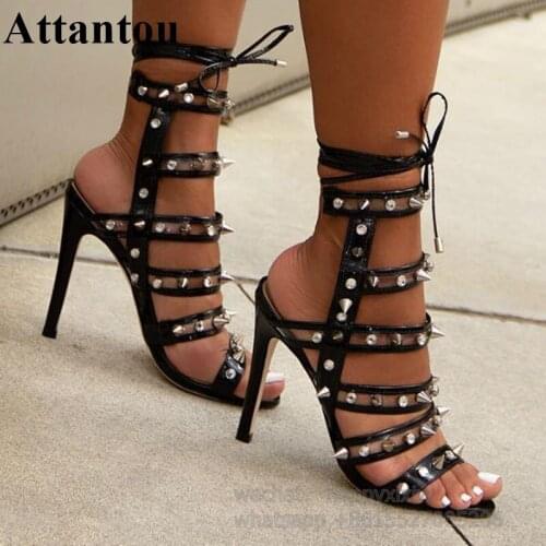 New Black Patent Leather and PVC upper Studded Rivets Women Thin High Heel Sandals Lace Up Summer Sandal Boots