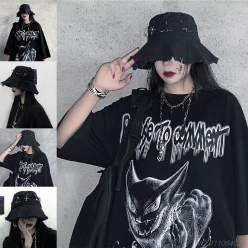 Unisex Summer Bucket Cap Black Gothic Hat Grunge Brim Fisherman Hat UV Protection Sun Hats for Women Outdoor Activity Wholesales