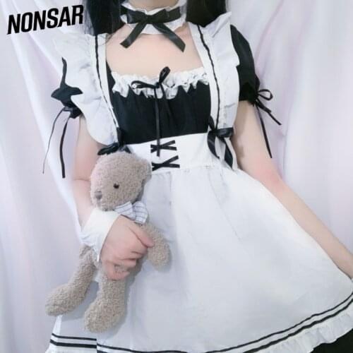 NONSAR Cosplay Lolita Dress Womens Maid Service Back And White Ribbon INS Hot Sale New Japanese Cute Sweet Sexy Dress S-4XL