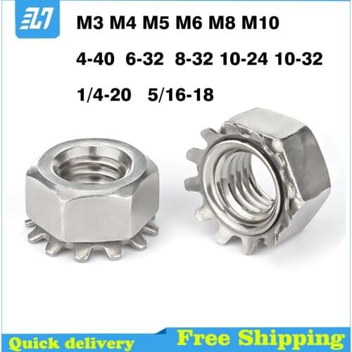 Hex K Lock Nut K-type Gear KepsToothed Polydentate Nuts 304 Stainless Steel M3M4M5M6 M8 M10 4-40 6-32 8-32 10-24 10-32 1/4 5/16