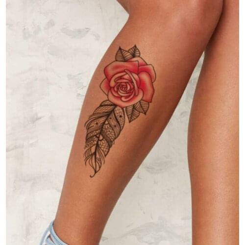 Black Feather Flowers Leaves Totem Women Arm Tattoos Stickers Fake Waterproof Watercolor Rose Tatto Temporary Body Legs Tatoos