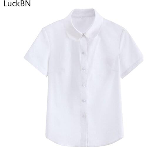 XS-5XL Large Size Japanese College Casual Women Blouse Sweet Student Girl White Shirt Lapel Collar Short Sleeve Work School Tops