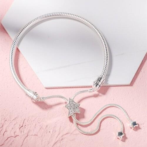 Christmas 100% 925 Sterling Silver Bracelets Bangles Pave Star Slider Bracelet for Women Fit Silver Charms DIY Jewelry Making