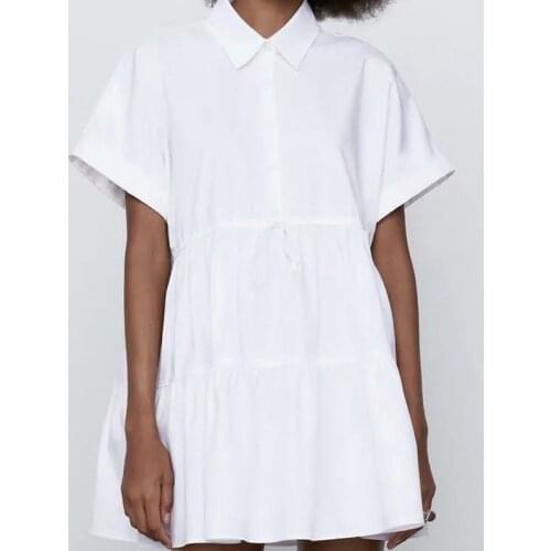 ZA 2021 Women Shirt Lapel Bow With Elastic Waistband Layered Ruffle Shirt Dress Ldyllic Style Refreshing Simple And Chic Dress