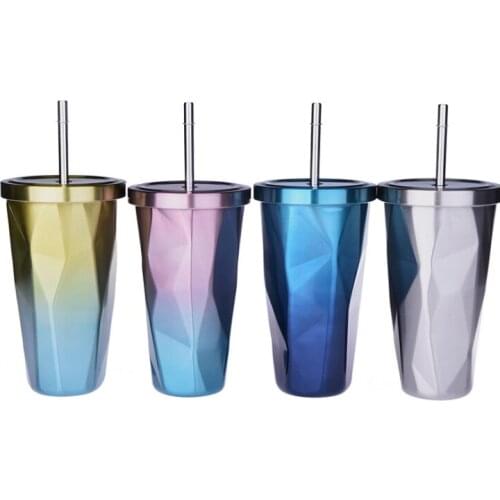 NHM 1 pcs Vacuum thermos cup hot - selling discoloured glass diamond vacuum cup with straw stainless steel double - layer