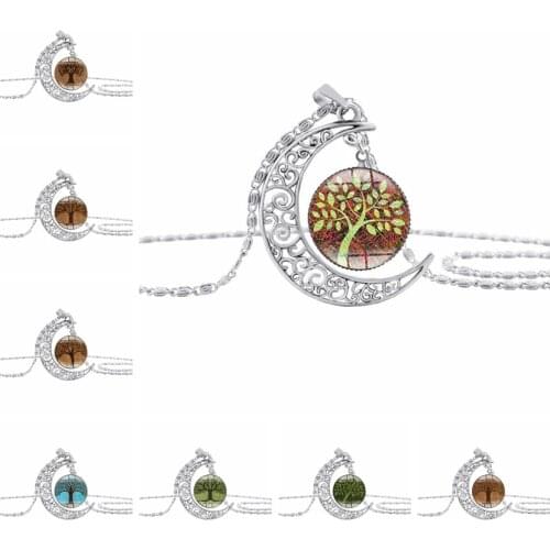 10 new crescent Bright moon life tree necklace half moon flower plant lucky amulet necklace hollow moon time pendant necklace