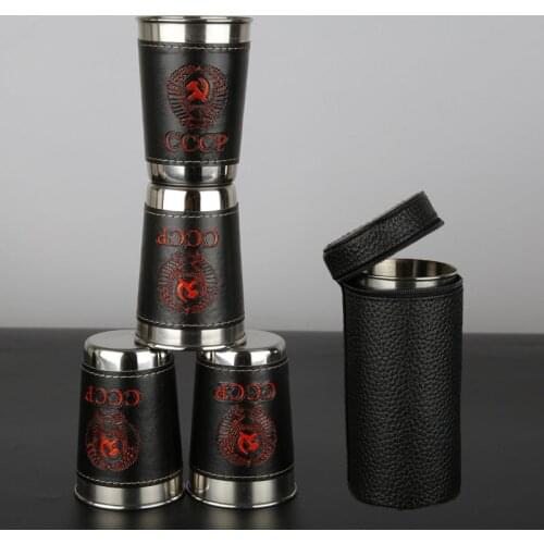 4Pcs/lot 170ml Outdoor Tableware Travel Cups Set Stainless Steel Camping Cup with Black PU Leather Portable wine Whiskey Mugs