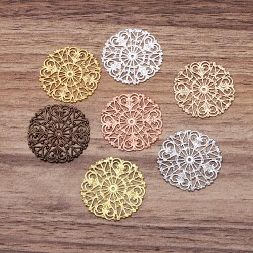 50 Pcs 31 mm Metal Copper 7 Colors Round Filigree Wrap Flower Charms Bride Headwear Hair Accessories DIY Jewelry Making
