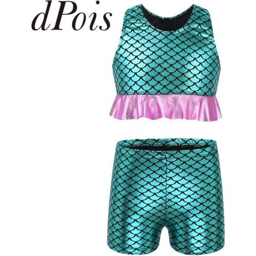 2Pcs Kids Swimwear Girls Outfit Fish Scales Printed Racer Back Peplum Tops Crop Top with Boy-cut Low Rise Shorts For Gymnastics