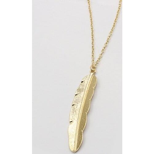 Long Simple Piece Metallic Feather Silver Plated Golden Necklace for Women Around 60 cm