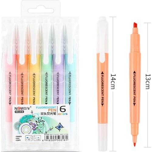 6Pcs/Set Double Head Fluorescent Highlighter Pen Refillable Pastel Drawing Pen for Student Stationery School Office Supplies