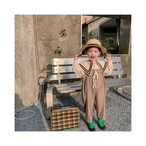 Girls' Suit Navy Wind Sweatshirt Sets 2021 New Spring and Autumn Loose Korean Suspender Pants 2pcs Suit Girls Loose Overalls Set