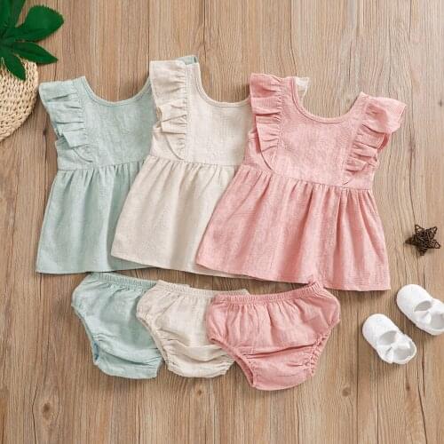 FOCUSNORM 3 Colors Summer Lovely Baby Girls Clothes Sets 2pcs Solid Ruffles Short Sleeve Dress T Shirts Shorts