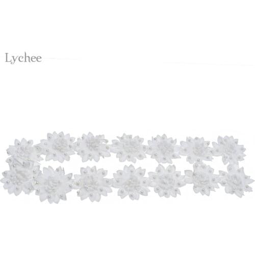 Lychee Life 1Yard White Pearl Flower Handmade Beaded Embroidered Lace Trim Ribbon Applique Wedding Dress DIY Sewing Craft