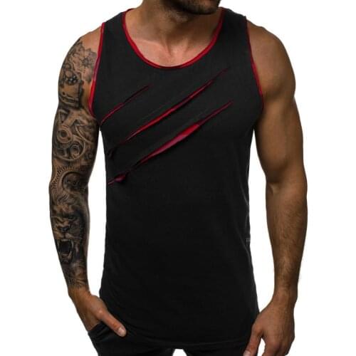 Men Tank Top Summer Stylish Solid Color O-Neck Sleeveless Ripped Slim Vest Sports Fitness Bottoming Top Sweatshirt