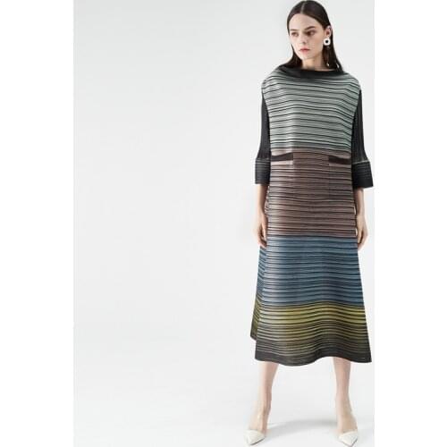Miyake Pleated Vintage Striped Dress 2021 Spring women aesthetic Printed Clothes Plus Size Three-quarter Flare Sleeve Long Dress