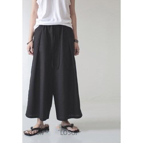 Mens casual pants wide leg pants culottes loose summer loose cotton ultra-loose black simplicity