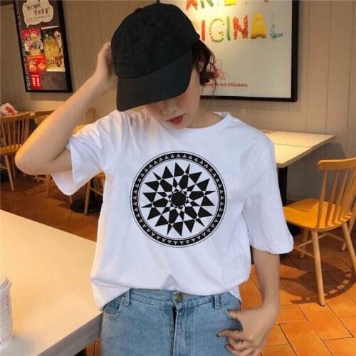 New Tshirt Geometry Printed Tops Female Clothing Thin Section T shirt Women Harajuku White Short Sleeve T-shirt Ulzzang T-Shirt