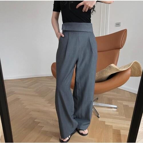 Obrix Fashionable Female Wide Leg Type Straight Long Trousers Grey Soft High Waist Solid Color Pants For Women